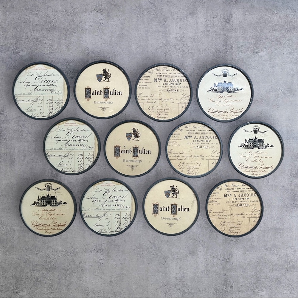 Vintage French Winery Glass and Zinc Coasters, set of 12